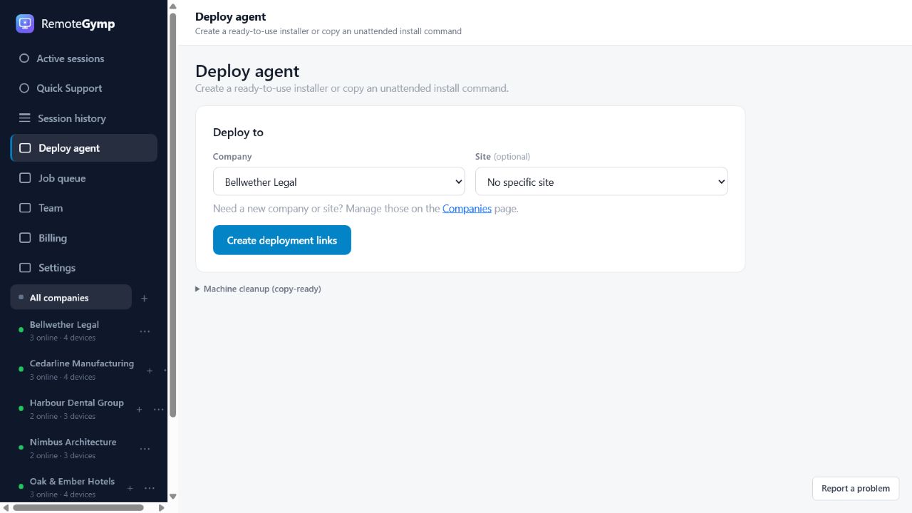 Unattended + attended access — RemoteGymp device dashboard preview
