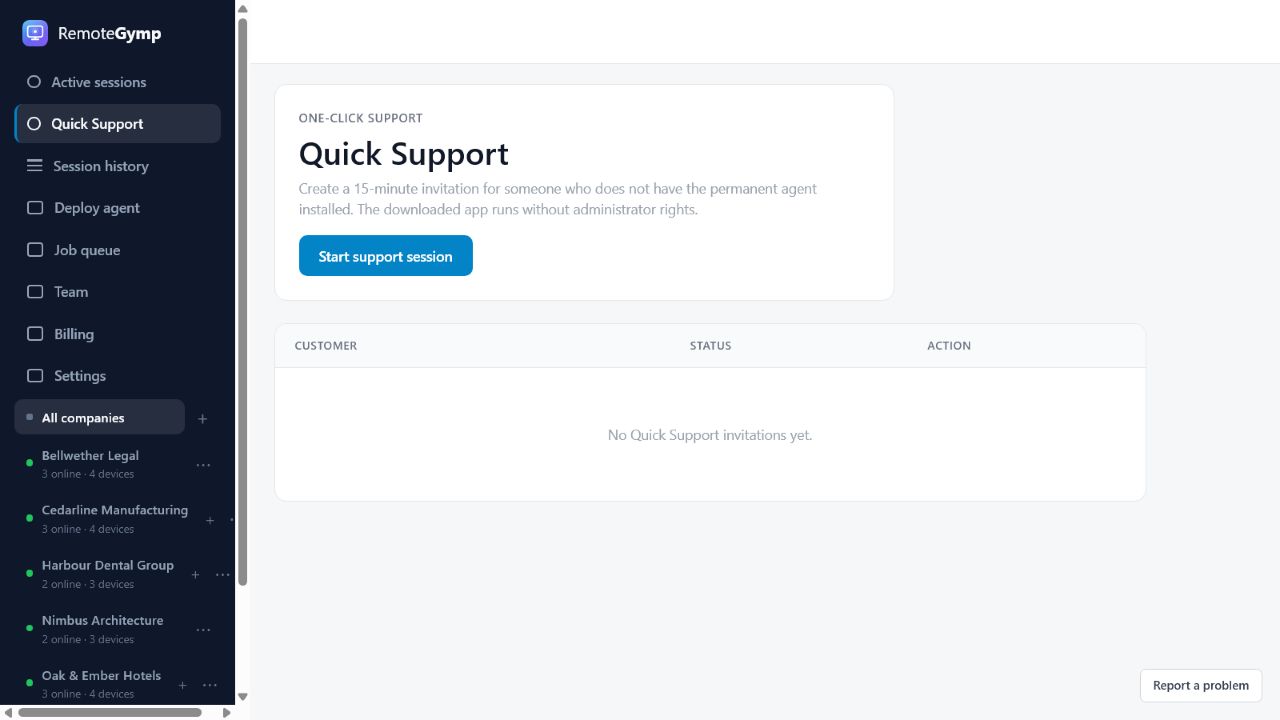 Quick Support — RemoteGymp device dashboard preview